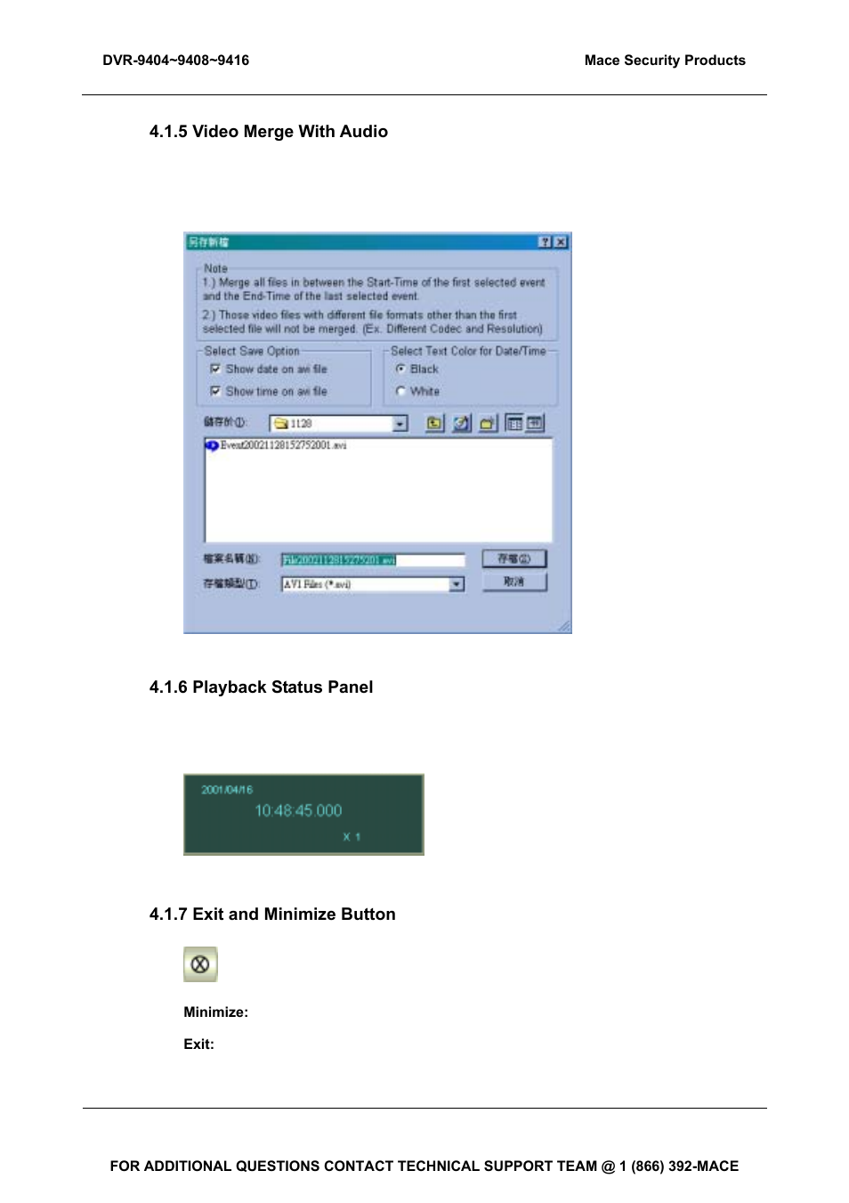 5 video merge with audio, 6 playback status panel, 7 exit and minimize button | Mace DVR-9404 User Manual | Page 61 / 142