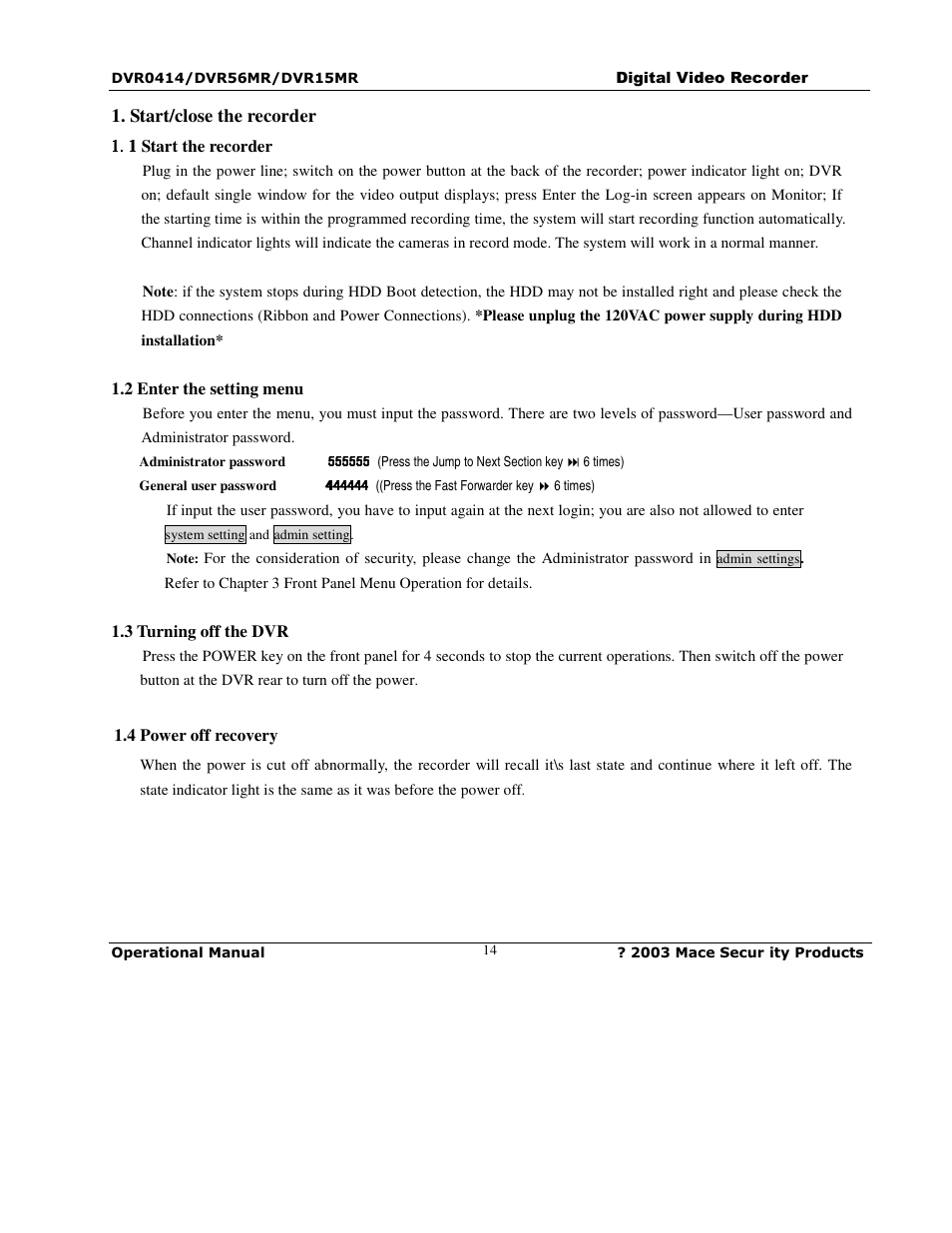 Mace DVR0414 User Manual | Page 14 / 64