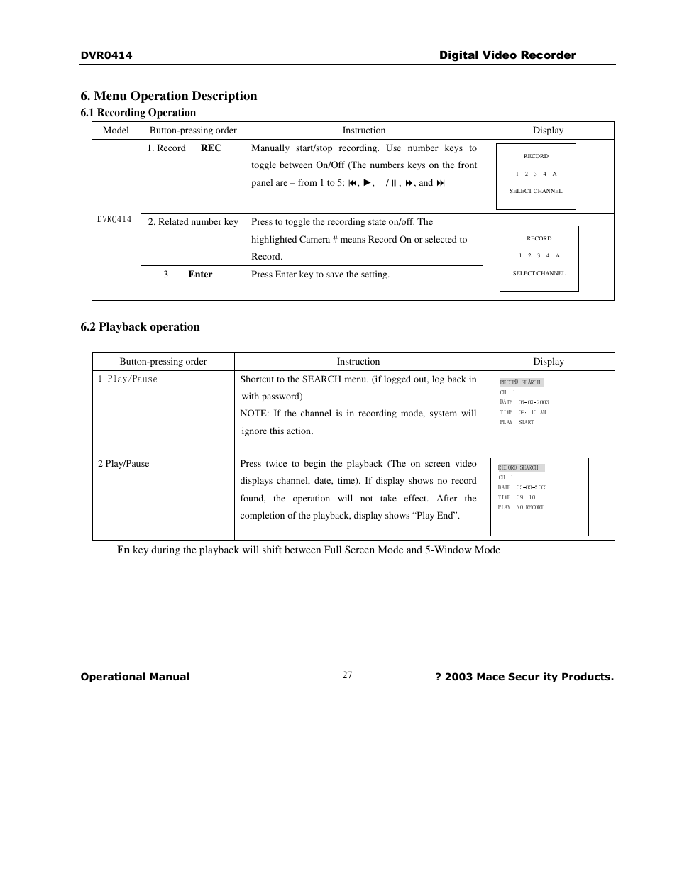 Menu operation description | Mace DVR0414 User Manual | Page 27 / 64