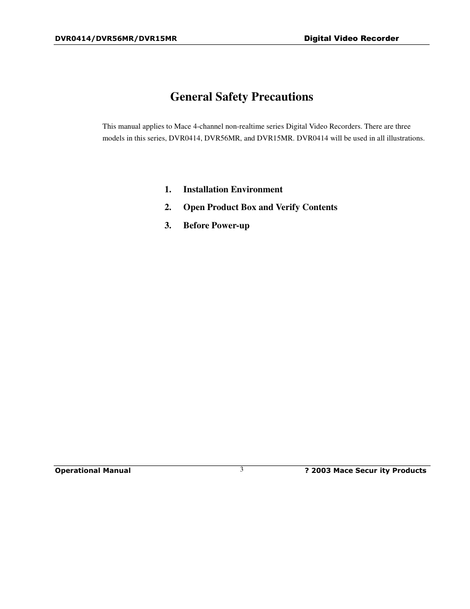 General safety precautions | Mace DVR0414 User Manual | Page 3 / 64