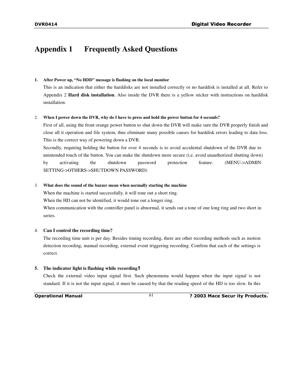 Appendix 1 frequently asked questions | Mace DVR0414 User Manual | Page 61 / 64