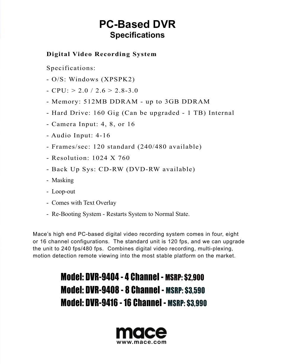 Mace DVR-9416 User Manual | 1 page