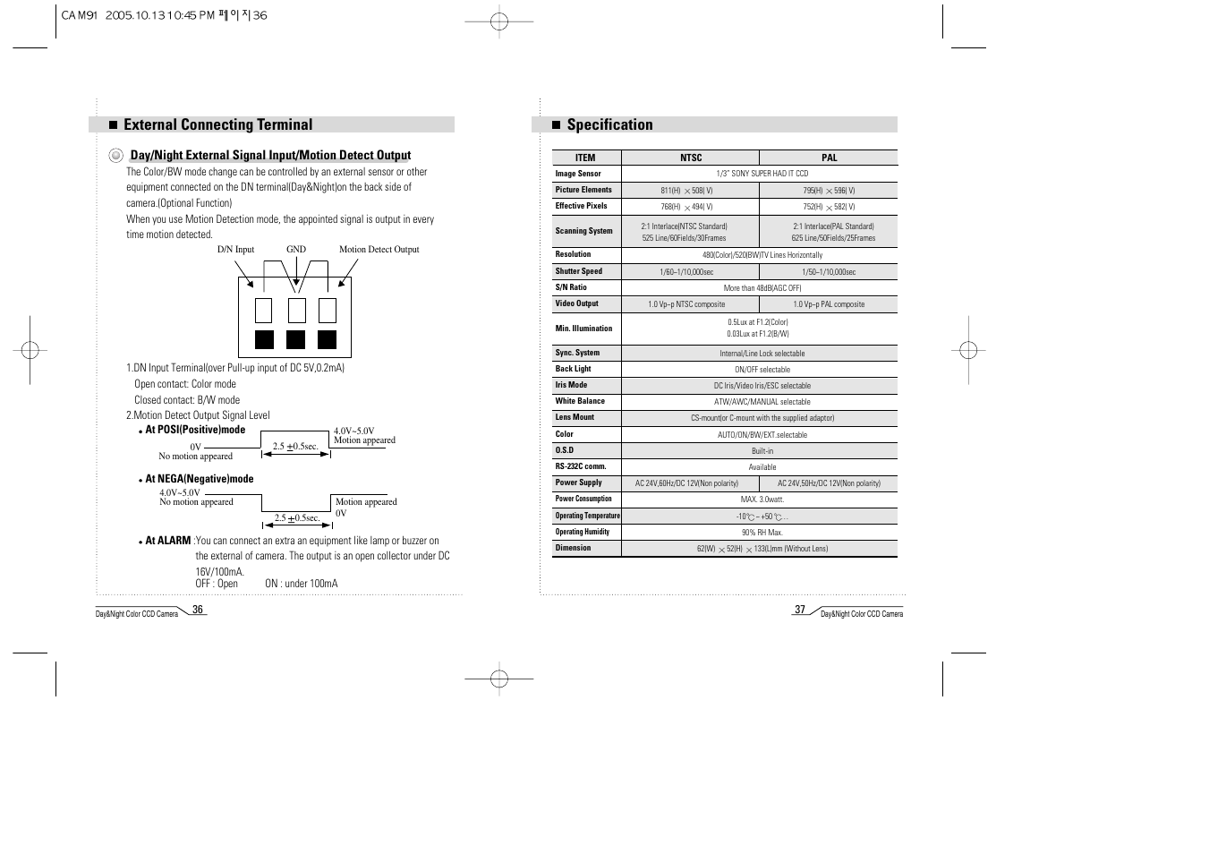 External connecting terminal, Specification | Mace CAM91 User Manual | Page 19 / 20