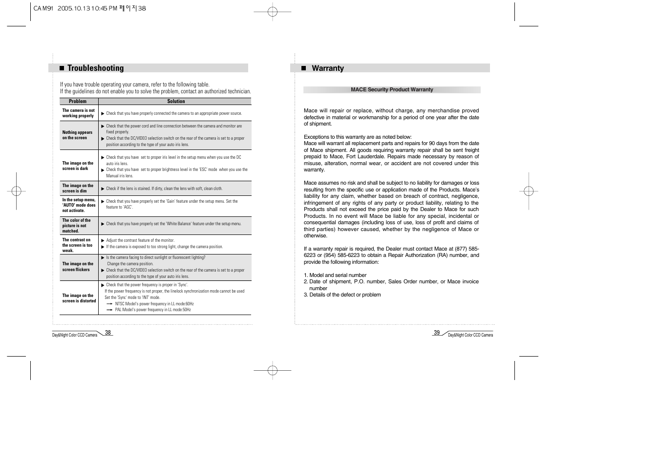 Troubleshooting, Warranty | Mace CAM91 User Manual | Page 20 / 20