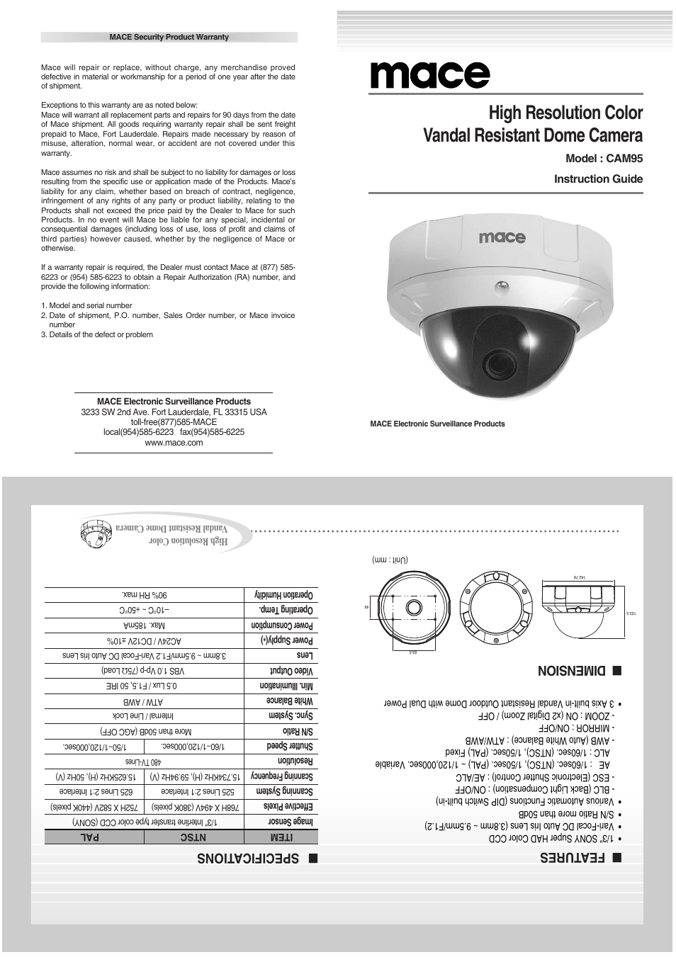 Mace CAM-95 User Manual | 2 pages