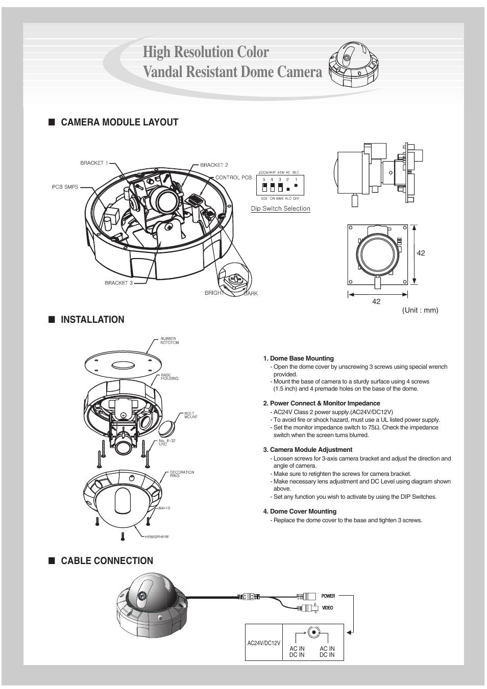 High resolution color vandal resistant dome camera, Camera module layout ■ installation, Cable connection | Mace CAM-95 User Manual | Page 2 / 2