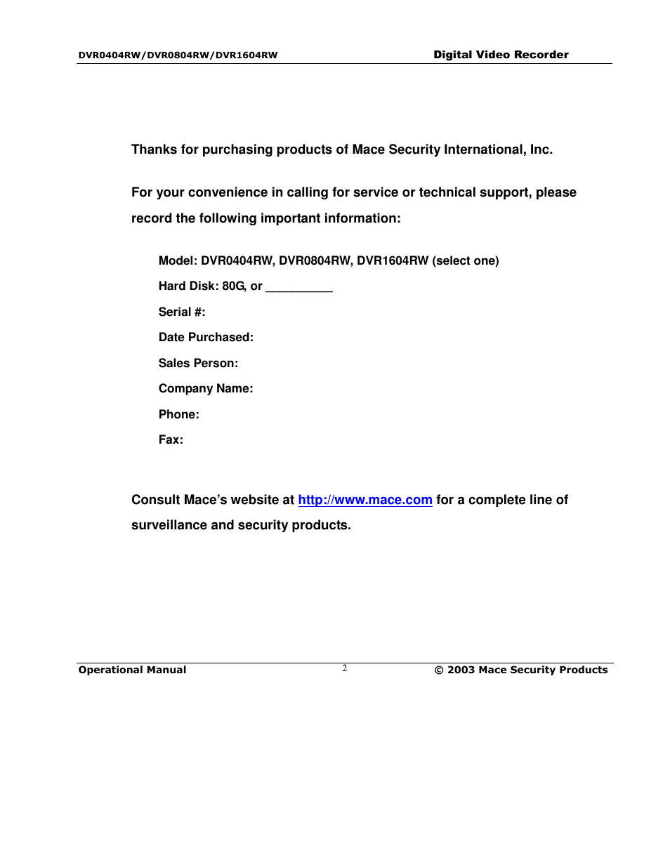 Mace DVR0804RW User Manual | Page 2 / 75
