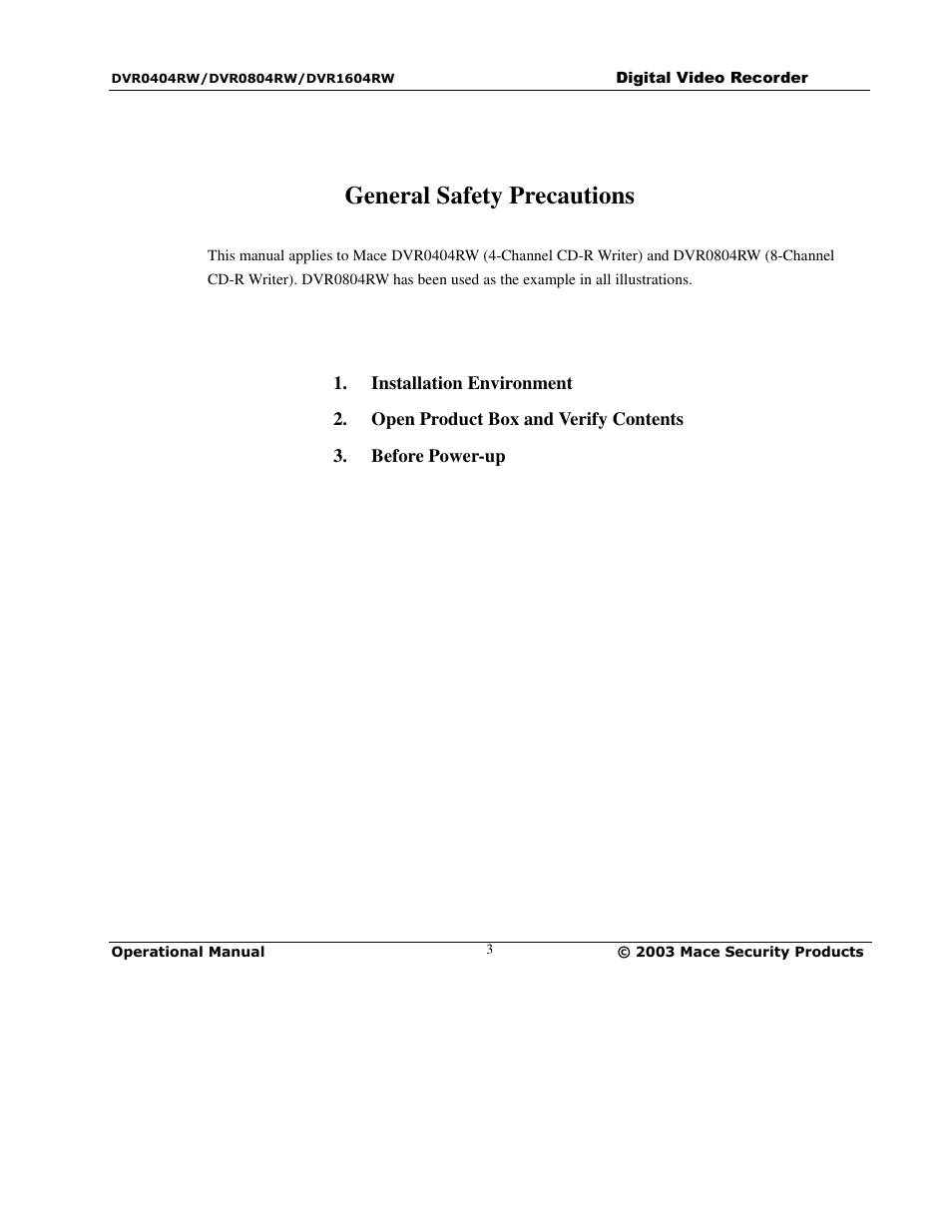 General safety precautions | Mace DVR0804RW User Manual | Page 3 / 75