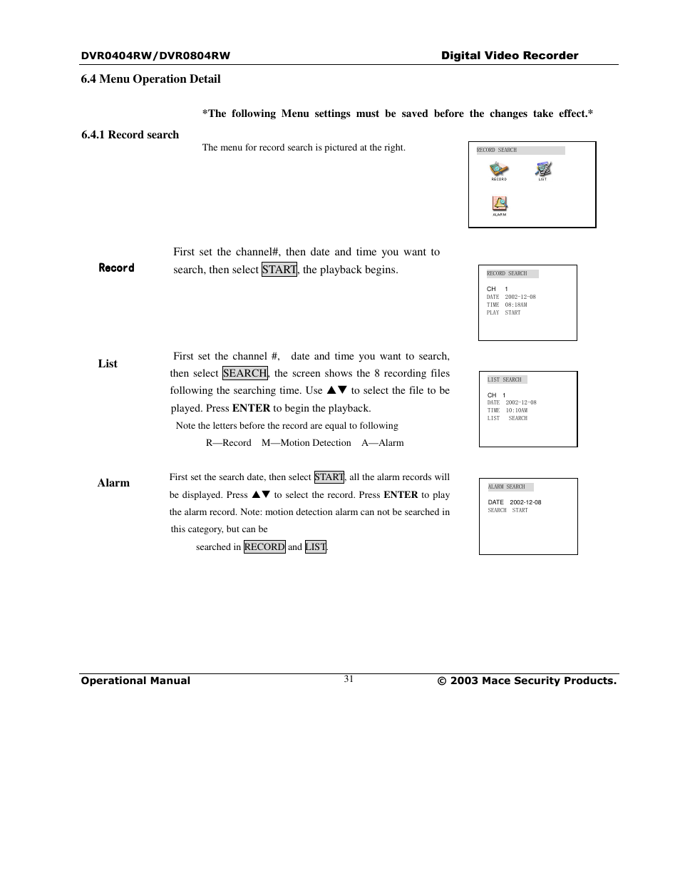 Mace DVR0804RW User Manual | Page 31 / 75