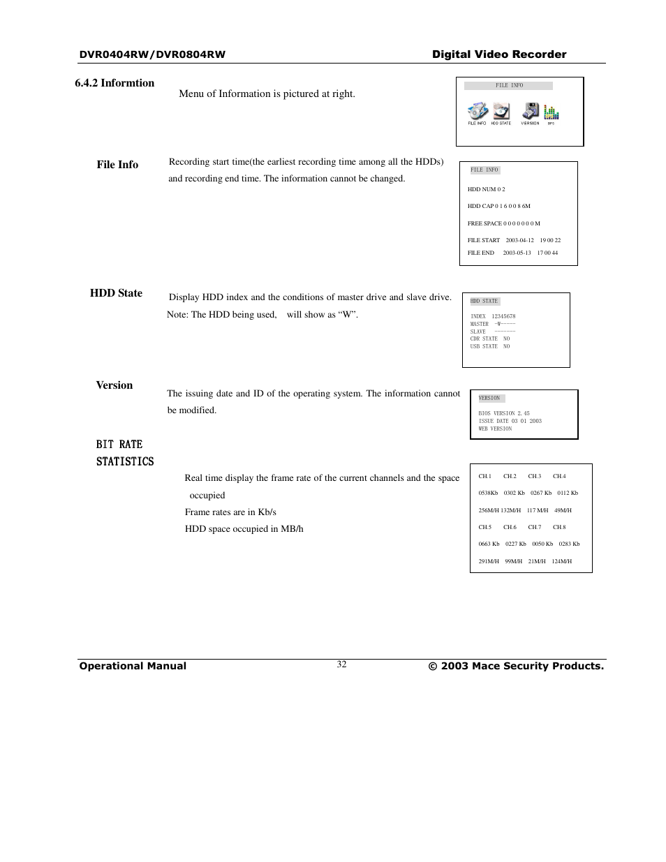 File info hdd state, 2 informtion version | Mace DVR0804RW User Manual | Page 32 / 75