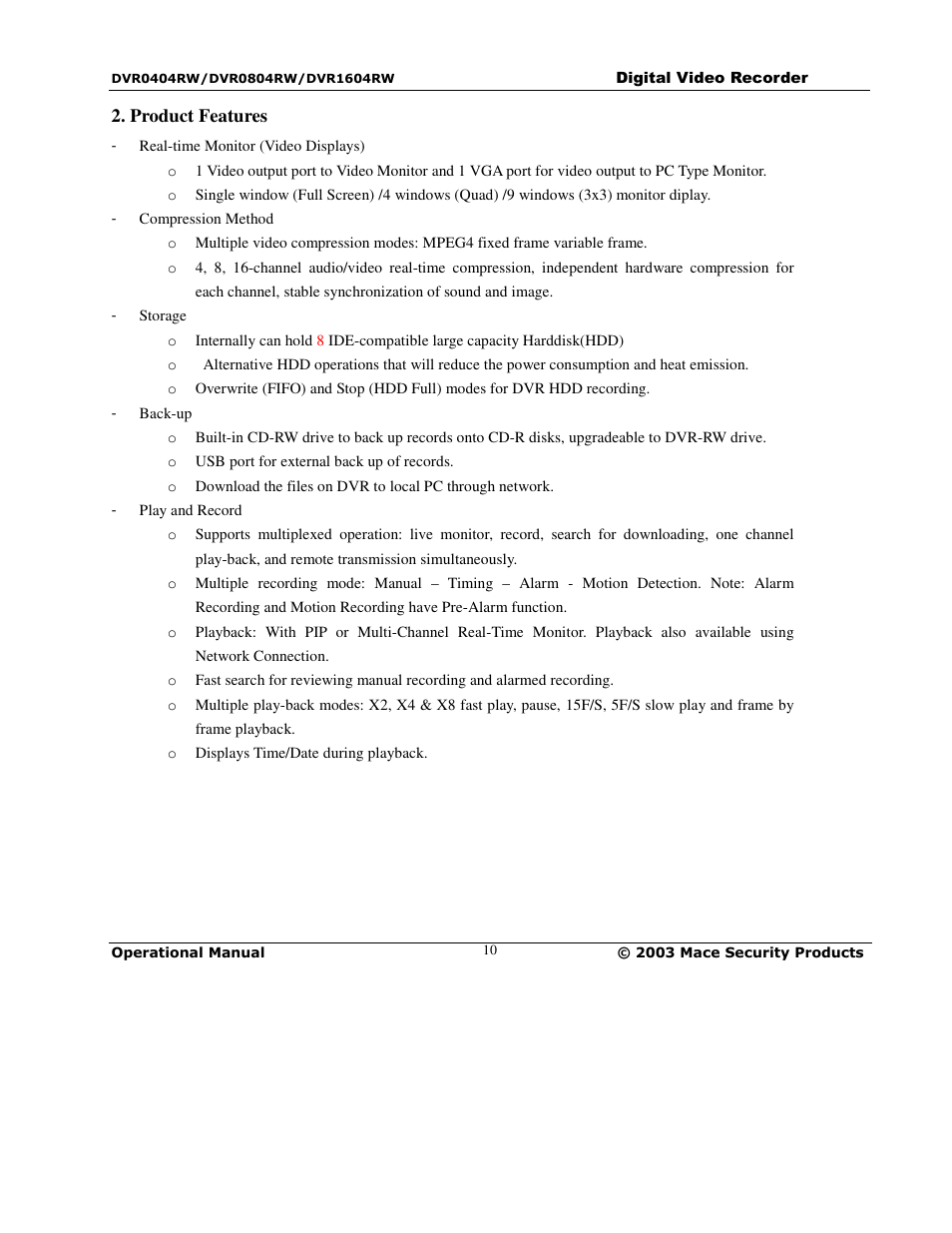 Mace DVR0404RW User Manual | Page 10 / 75