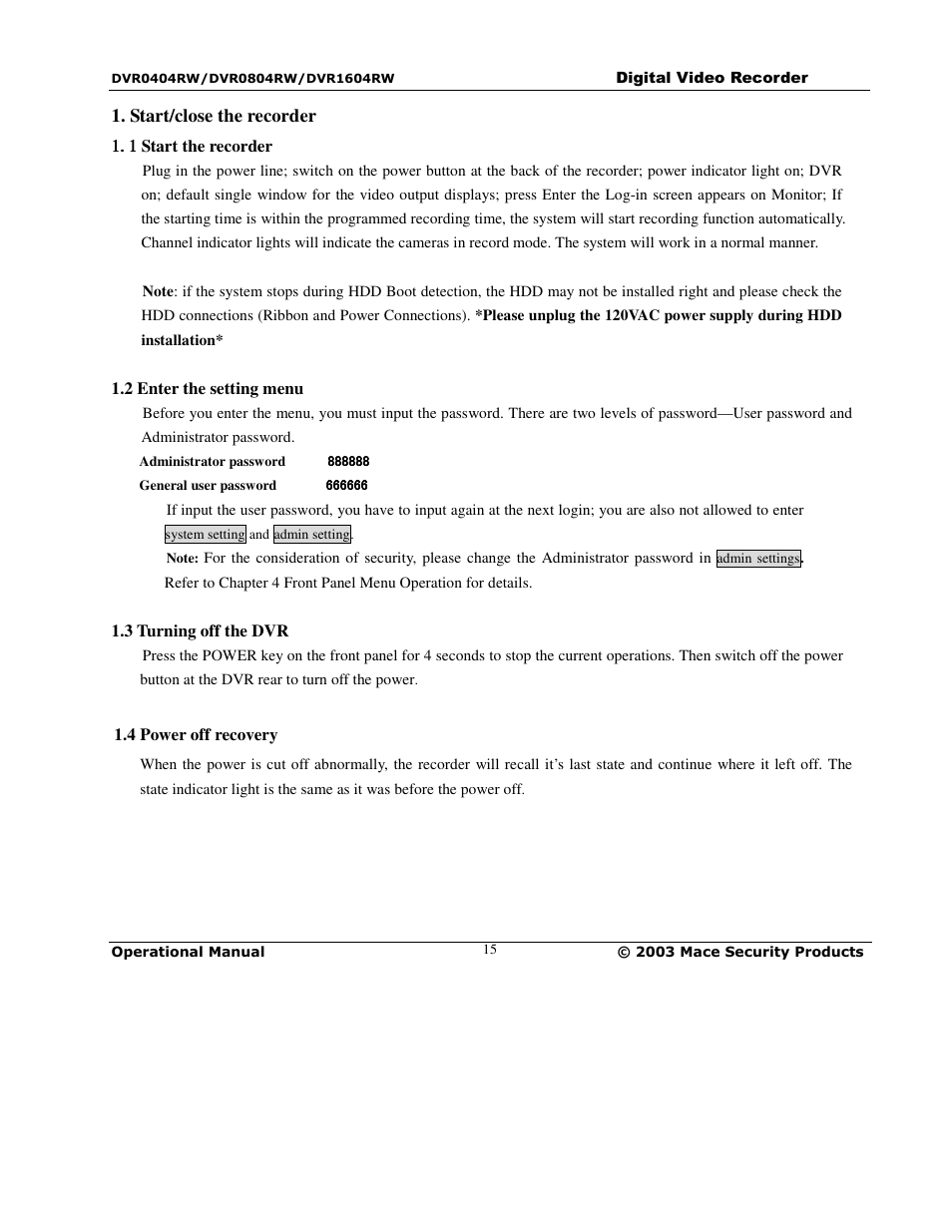 Mace DVR0404RW User Manual | Page 15 / 75