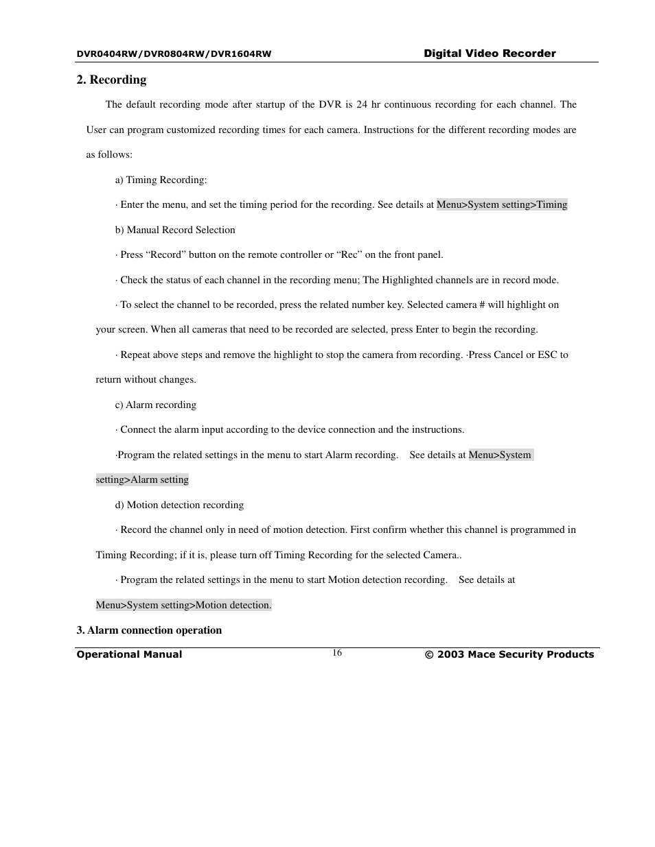 Mace DVR0404RW User Manual | Page 16 / 75