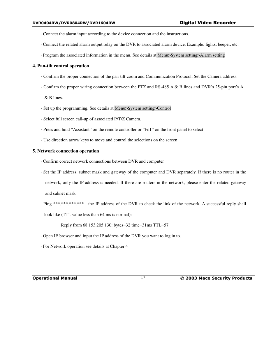 Mace DVR0404RW User Manual | Page 17 / 75