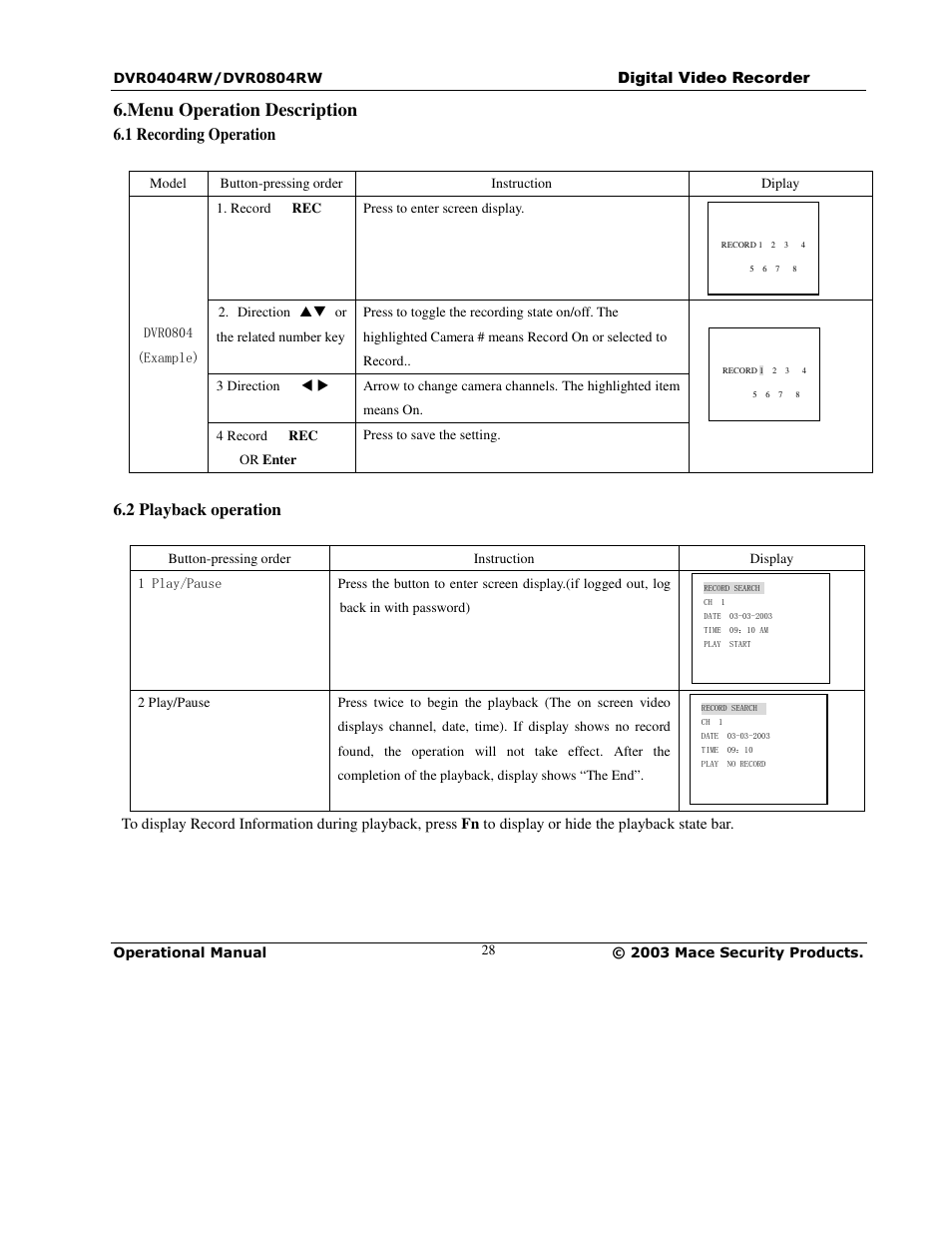 Menu operation description | Mace DVR0404RW User Manual | Page 28 / 75