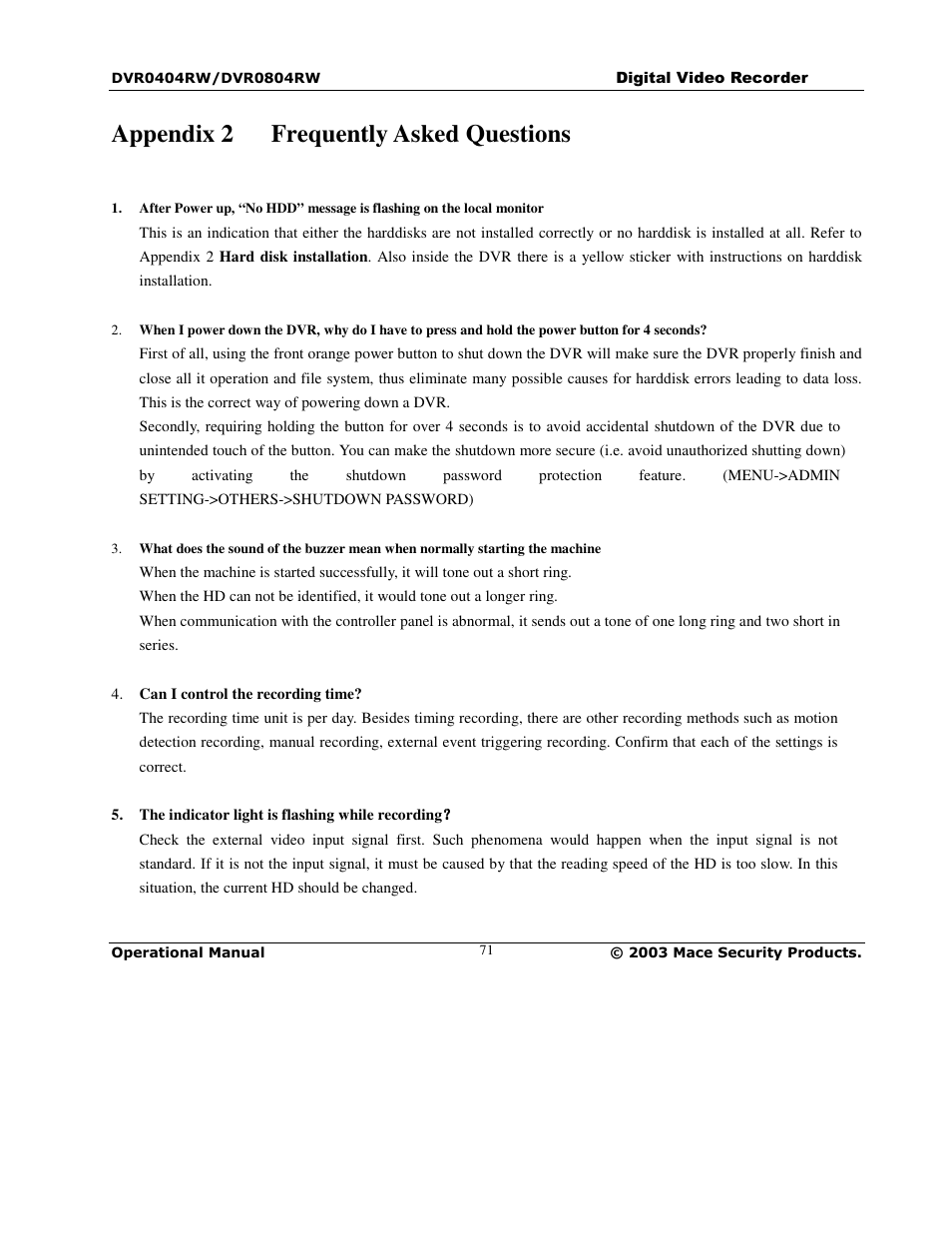 Appendix 2 frequently asked questions | Mace DVR0404RW User Manual | Page 71 / 75