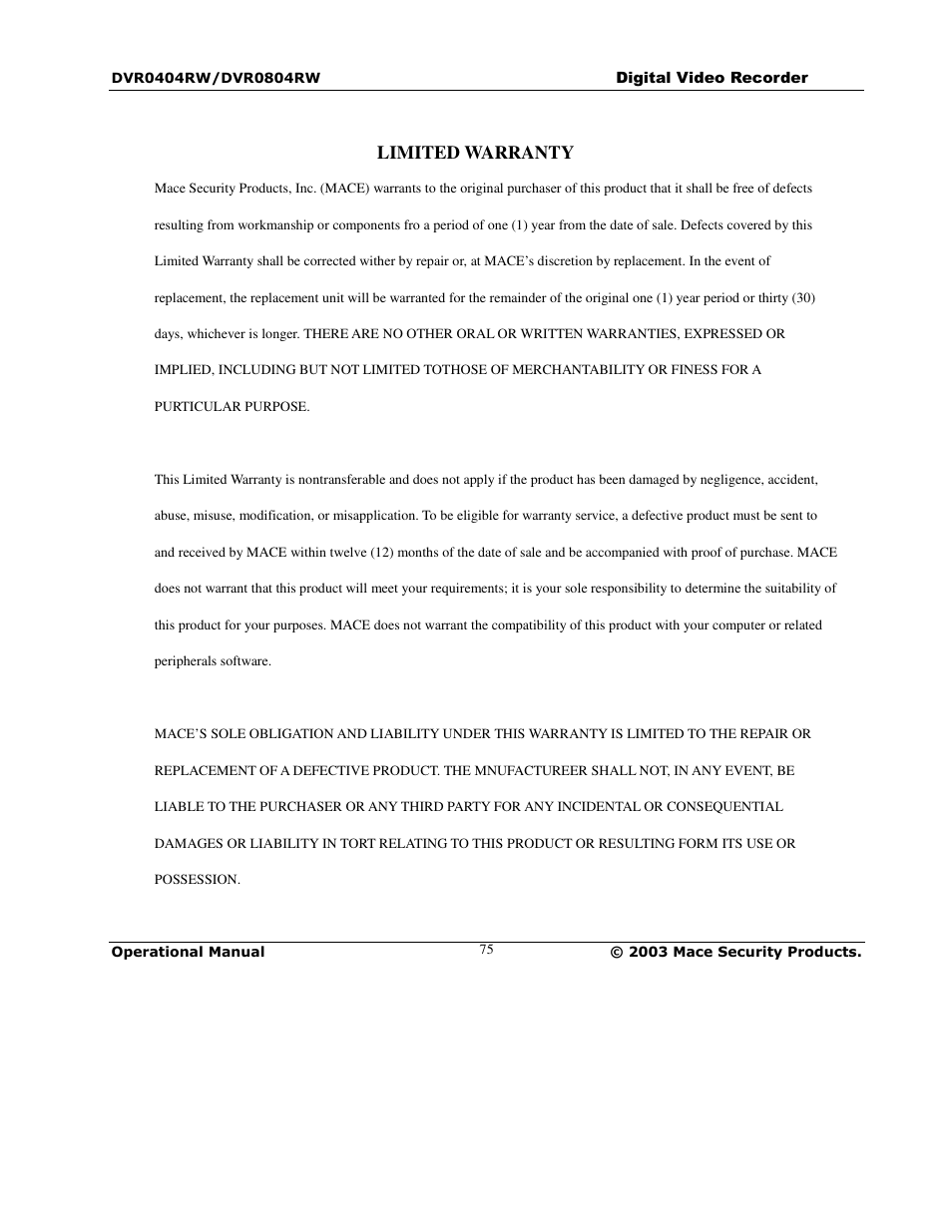 Limited warranty | Mace DVR0404RW User Manual | Page 75 / 75