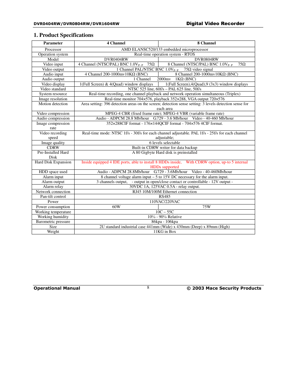 Product specifications | Mace DVR0404RW User Manual | Page 8 / 75