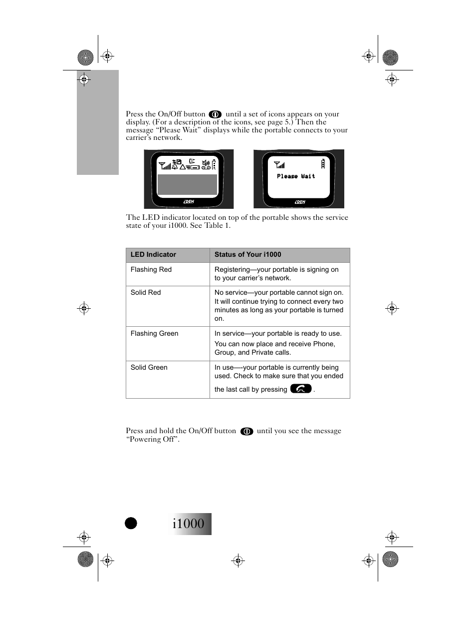 Table 1: led indicator, I1000, Your i1000 portable | Getting started, Turning on your portable, Turning off your portable | Motorola i1000 User Manual | Page 11 / 80