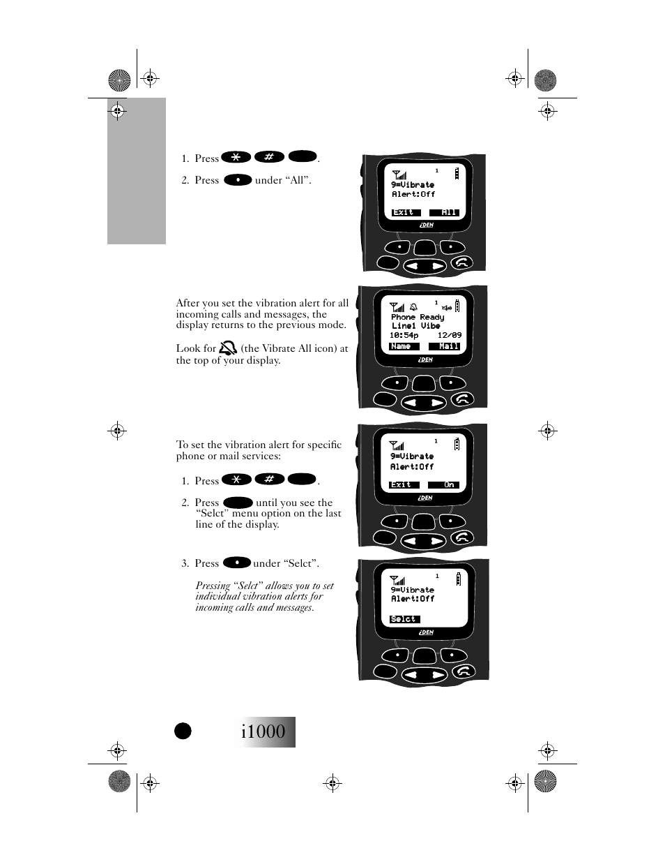 Selecting all incoming calls and messages, Selecting individual services, I1000 | Your i1000 portable, Getting started | Motorola i1000 User Manual | Page 13 / 80