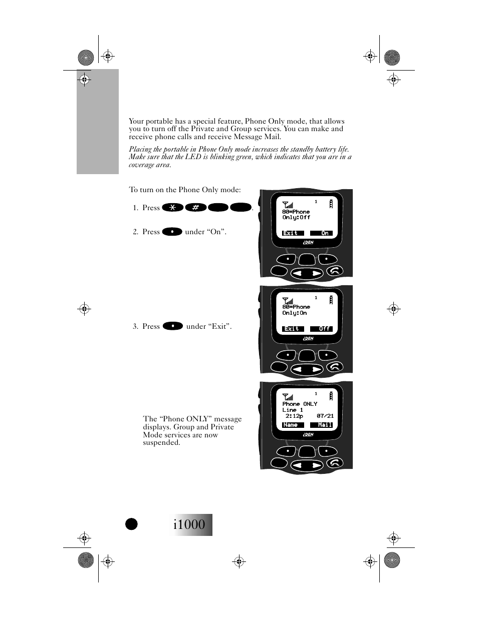 I1000, Your i1000 portable, Getting started | Turning off group and private modes | Motorola i1000 User Manual | Page 15 / 80