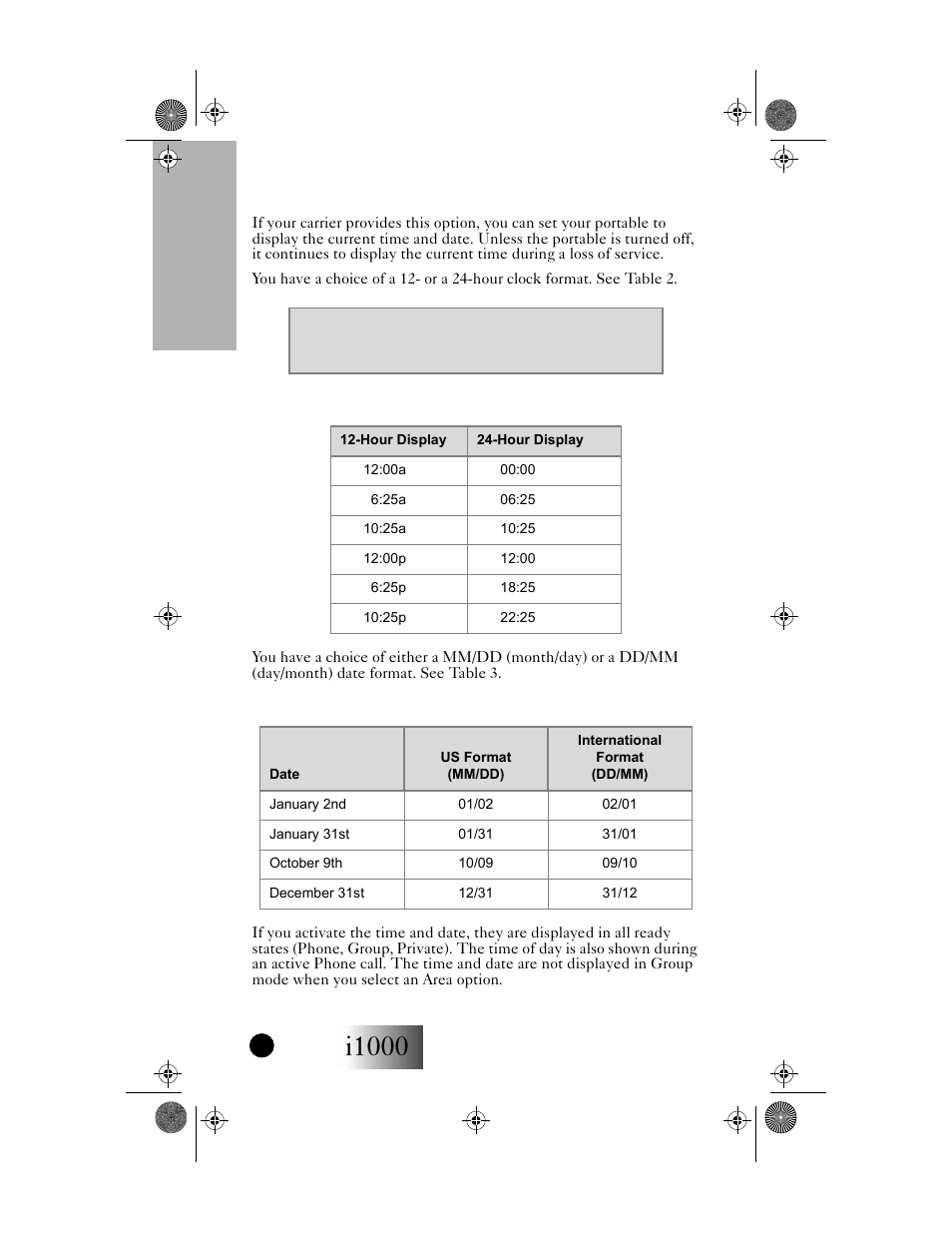 Table 2: time display options, Table 3: date display options, I1000 | Your i1000 portable | Motorola i1000 User Manual | Page 17 / 80