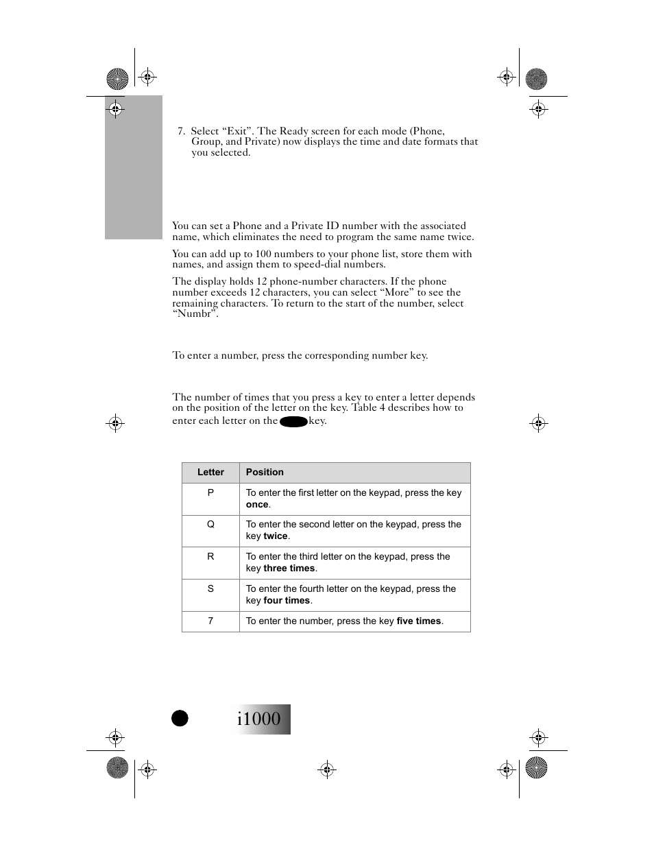 Entering phone numbers using the keypad, Entering a name using the keypad, Table 4: entering a name on the keypad | I1000, Your i1000 portable | Motorola i1000 User Manual | Page 19 / 80