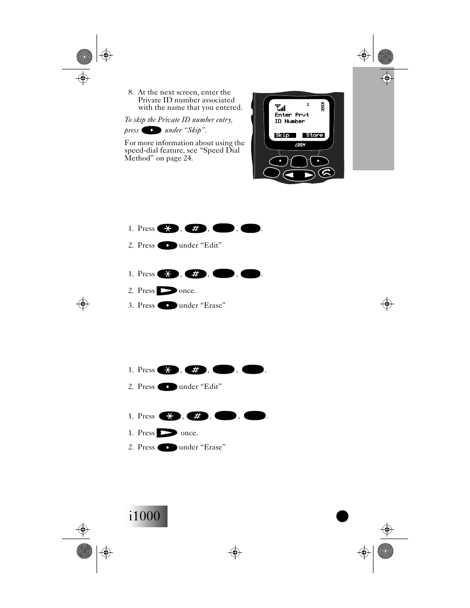 Editing and erasing phone list contents, Editing phone list entries, Erasing phone list entries | Editing and erasing private id list contents, Editing private id list entries, Erasing private id list entries, I1000, Your i1000 portable, Getting started | Motorola i1000 User Manual | Page 22 / 80