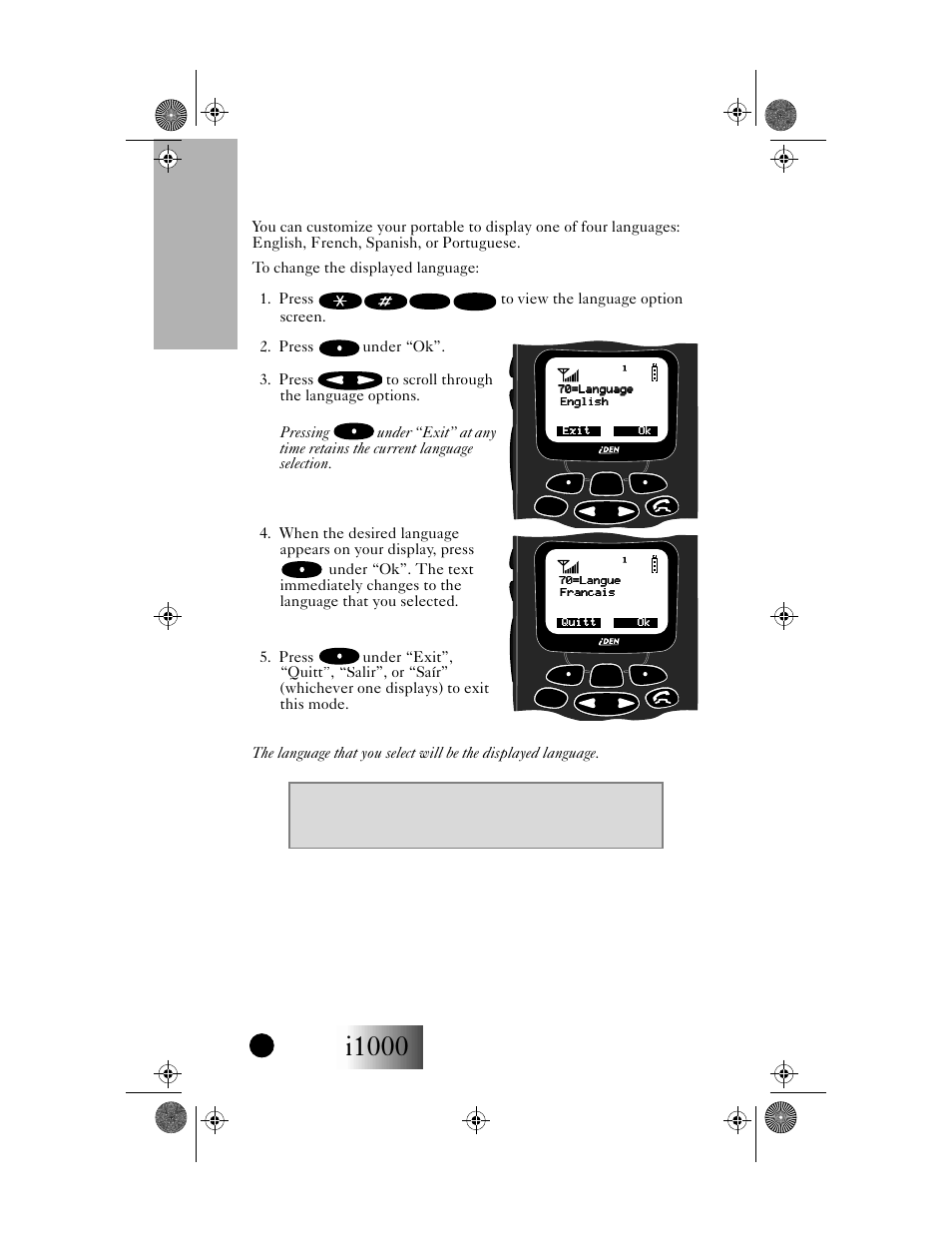 I1000, Your i1000 portable, Getting started | Changing the display language | Motorola i1000 User Manual | Page 23 / 80