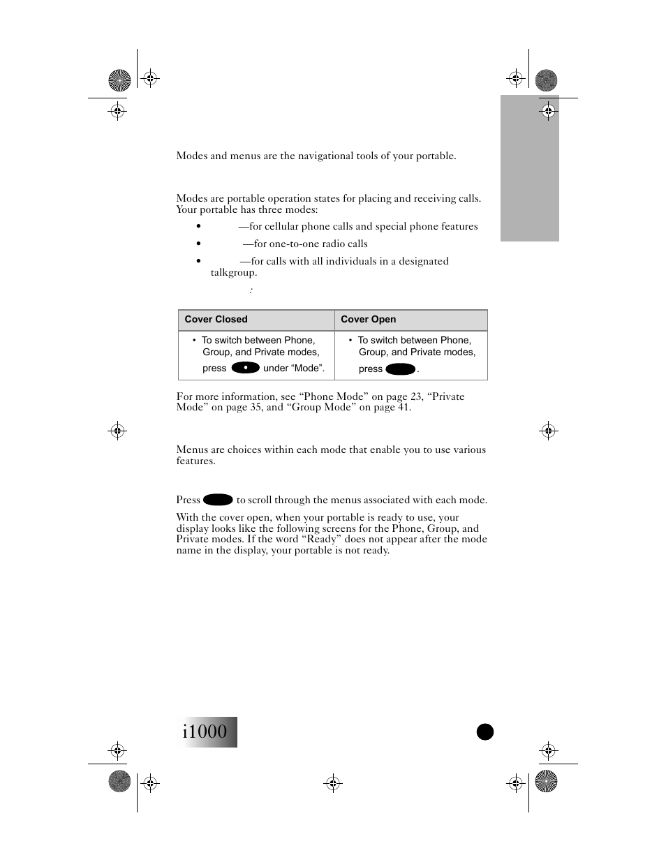 Modes, To access modes, Menus | To access menus, I1000, Your i1000 portable | Motorola i1000 User Manual | Page 24 / 80