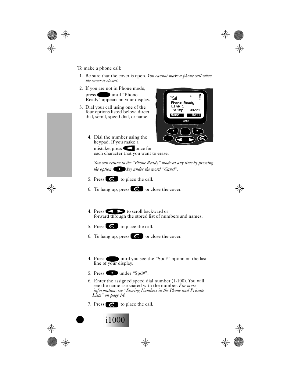 I1000, Phone mode, Getting started | Making a phone call, Direct dial method, Scroll method, Speed dial method | Motorola i1000 User Manual | Page 29 / 80