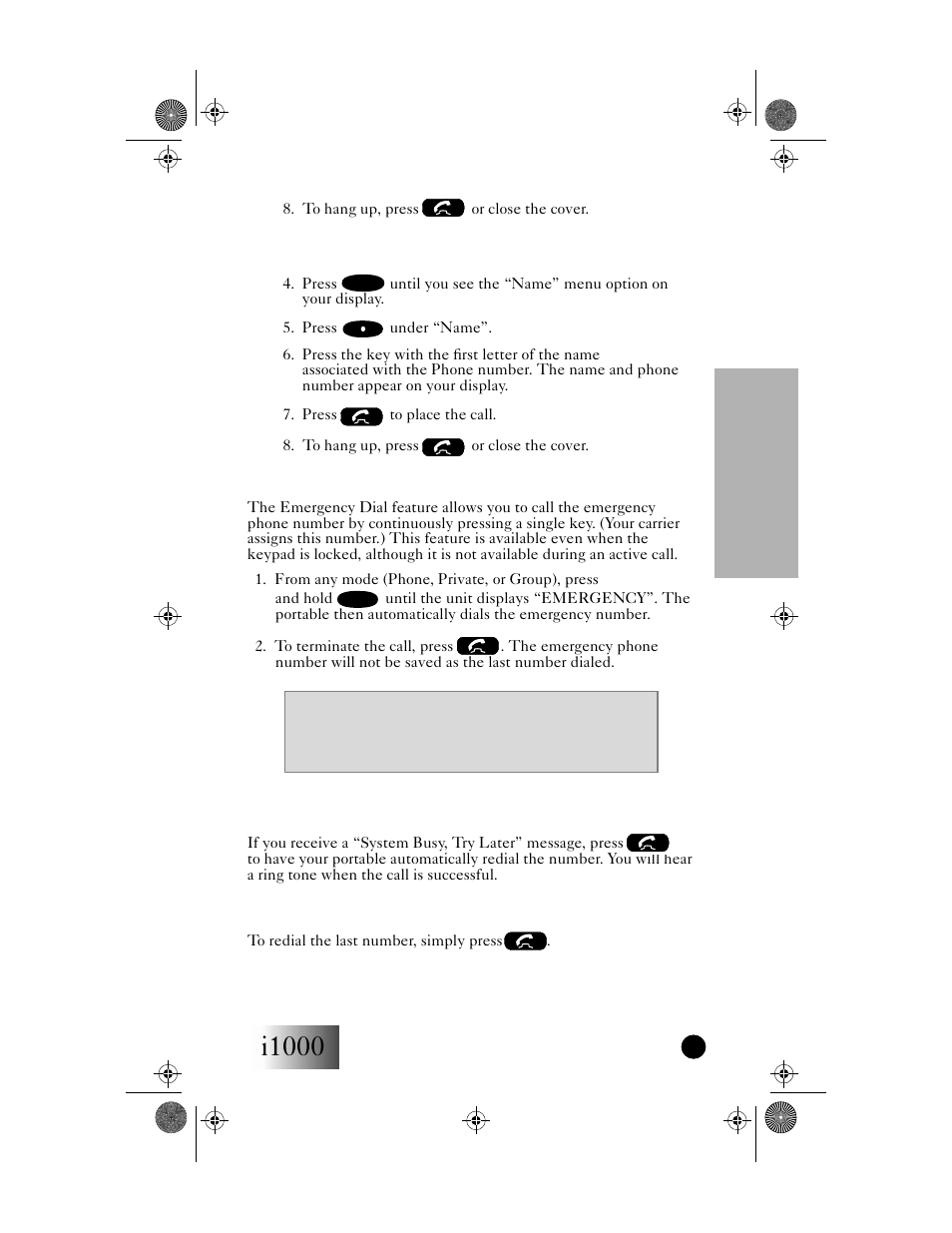 Emergency dial, Automatic redial, Last number redial | I1000, Phone mode | Motorola i1000 User Manual | Page 30 / 80