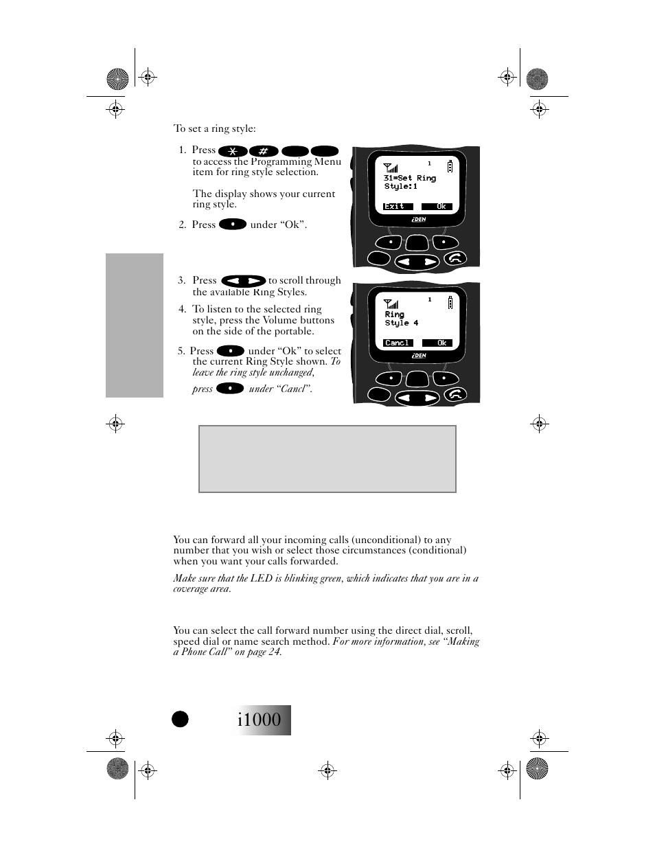 Selecting a call forward number, I1000, Phone mode | Getting started, Call forwarding | Motorola i1000 User Manual | Page 33 / 80