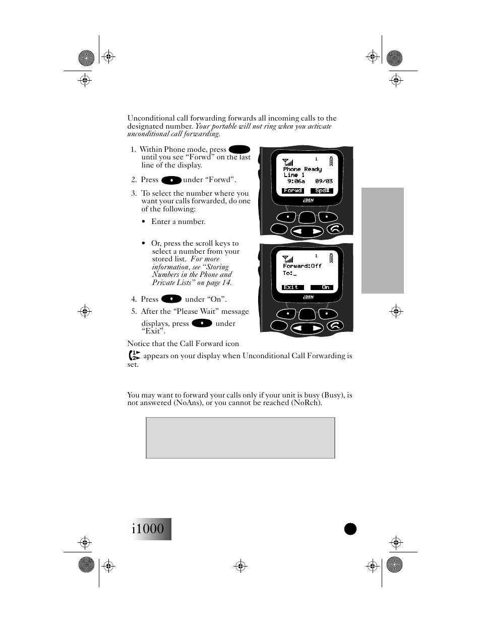 Unconditional call forwarding, Conditional call forwarding, I1000 | Phone mode, Getting started | Motorola i1000 User Manual | Page 34 / 80