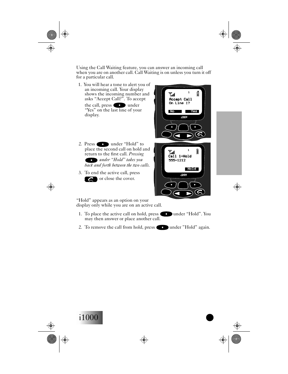 I1000, Phone mode, Getting started | Call waiting, Call hold | Motorola i1000 User Manual | Page 36 / 80