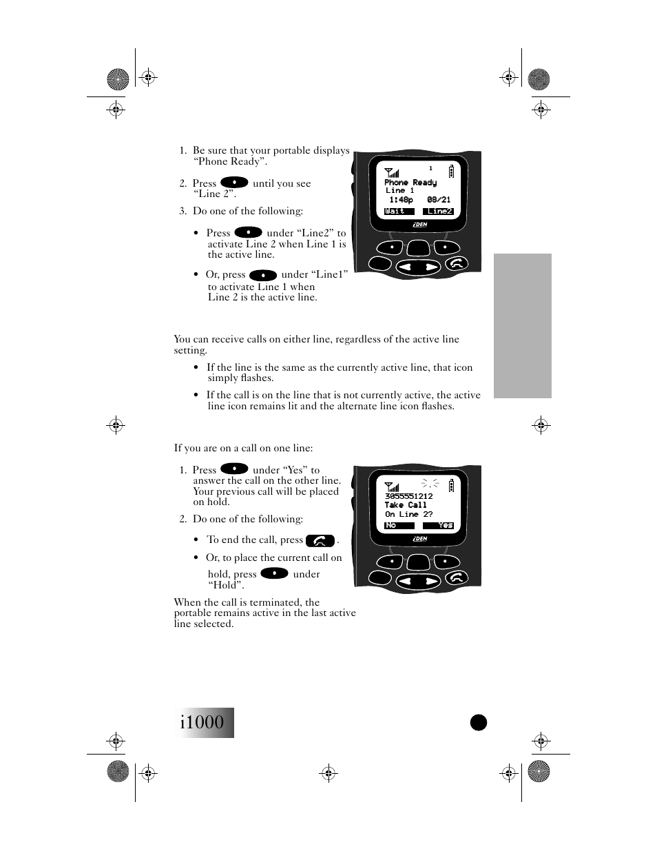 Setting the active line, Receiving a call, Receiving calls on your second line | I1000, Phone mode, Getting started | Motorola i1000 User Manual | Page 38 / 80