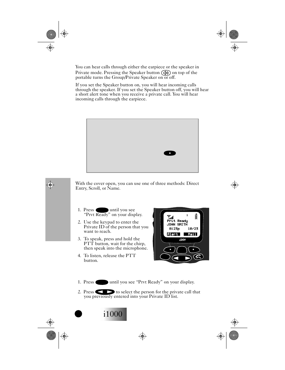 I1000, Private mode, Getting started | Group/private speaker, Making a private call, Direct entry method, Scroll method | Motorola i1000 User Manual | Page 41 / 80