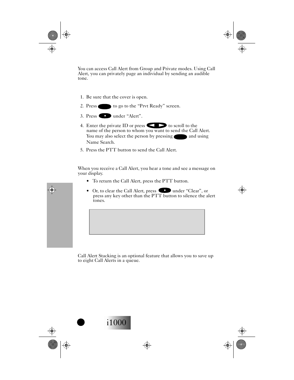 Sending a call alert, Receiving a call alert, I1000 | Private mode | Motorola i1000 User Manual | Page 43 / 80