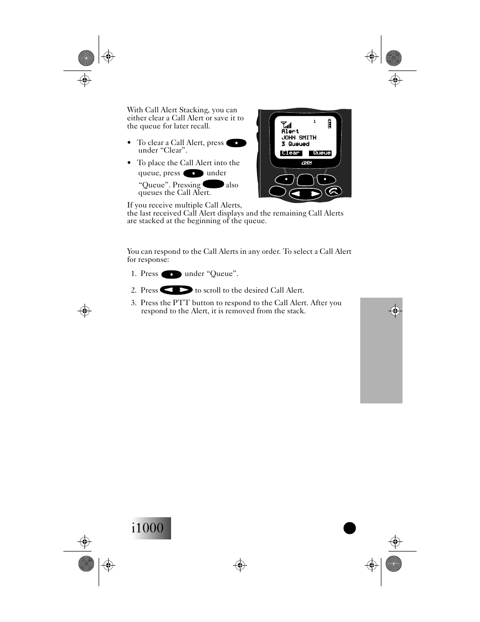 Receiving a call alert with stacking, Responding to a call alert in the stack, I1000 | Private mode, Getting started | Motorola i1000 User Manual | Page 44 / 80