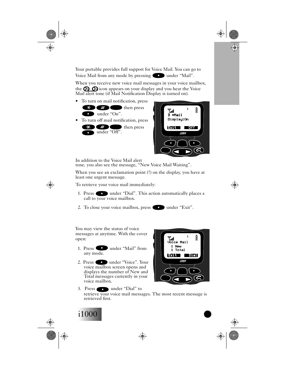 Voice mail, I1000 voice mail, Getting started | Retrieving voice mail, Viewing voice mail status | Motorola i1000 User Manual | Page 50 / 80