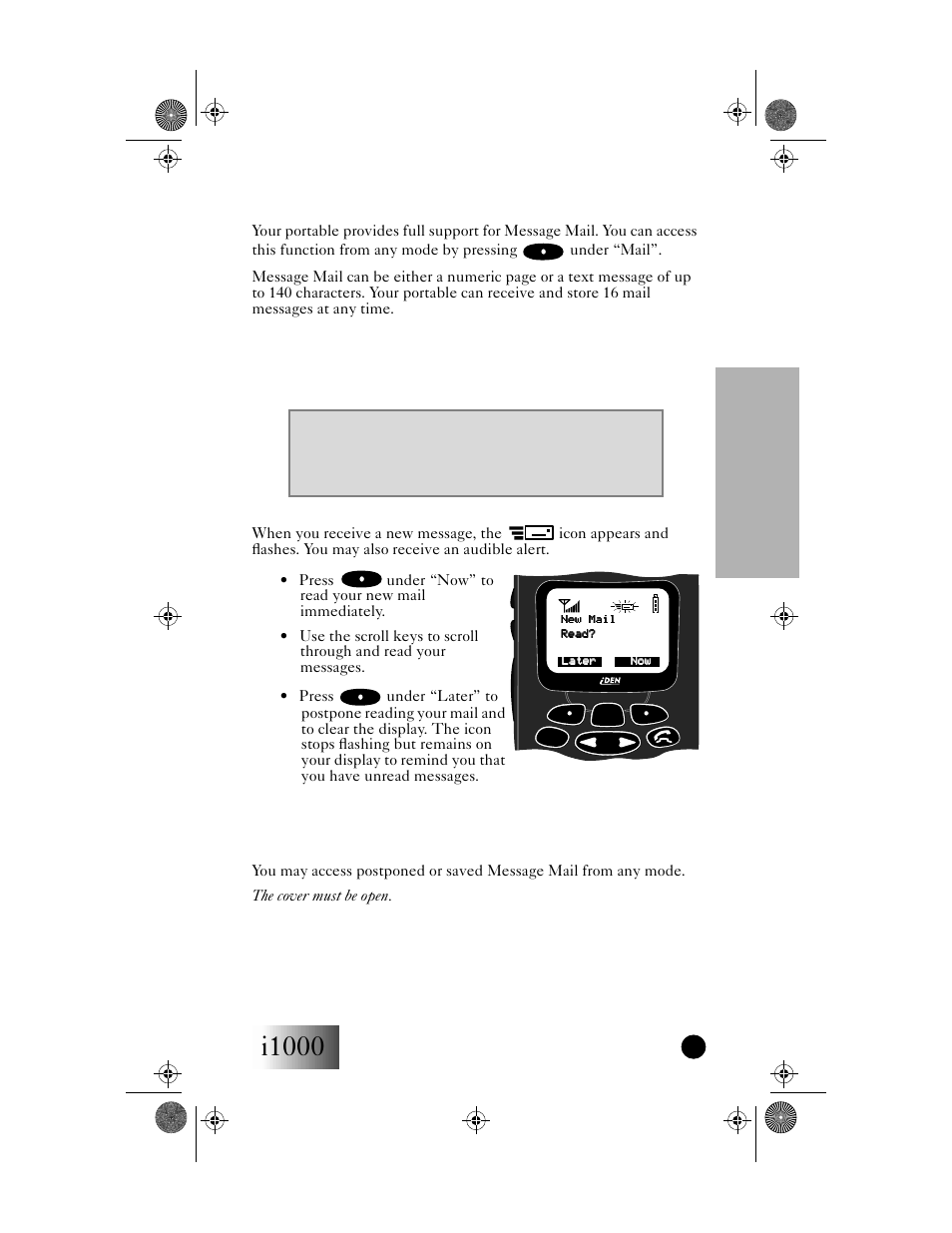 Message mail, I1000 message mail, Getting started | Receiving new message mail, Retrieving stored/unread mail | Motorola i1000 User Manual | Page 52 / 80