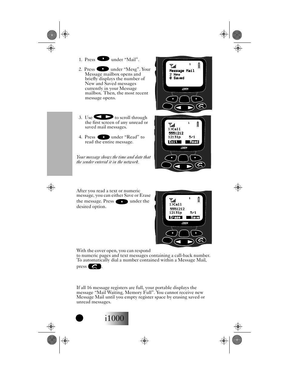 I1000, Message mail, Getting started | Saving and erasing mail, Auto call back | Motorola i1000 User Manual | Page 53 / 80