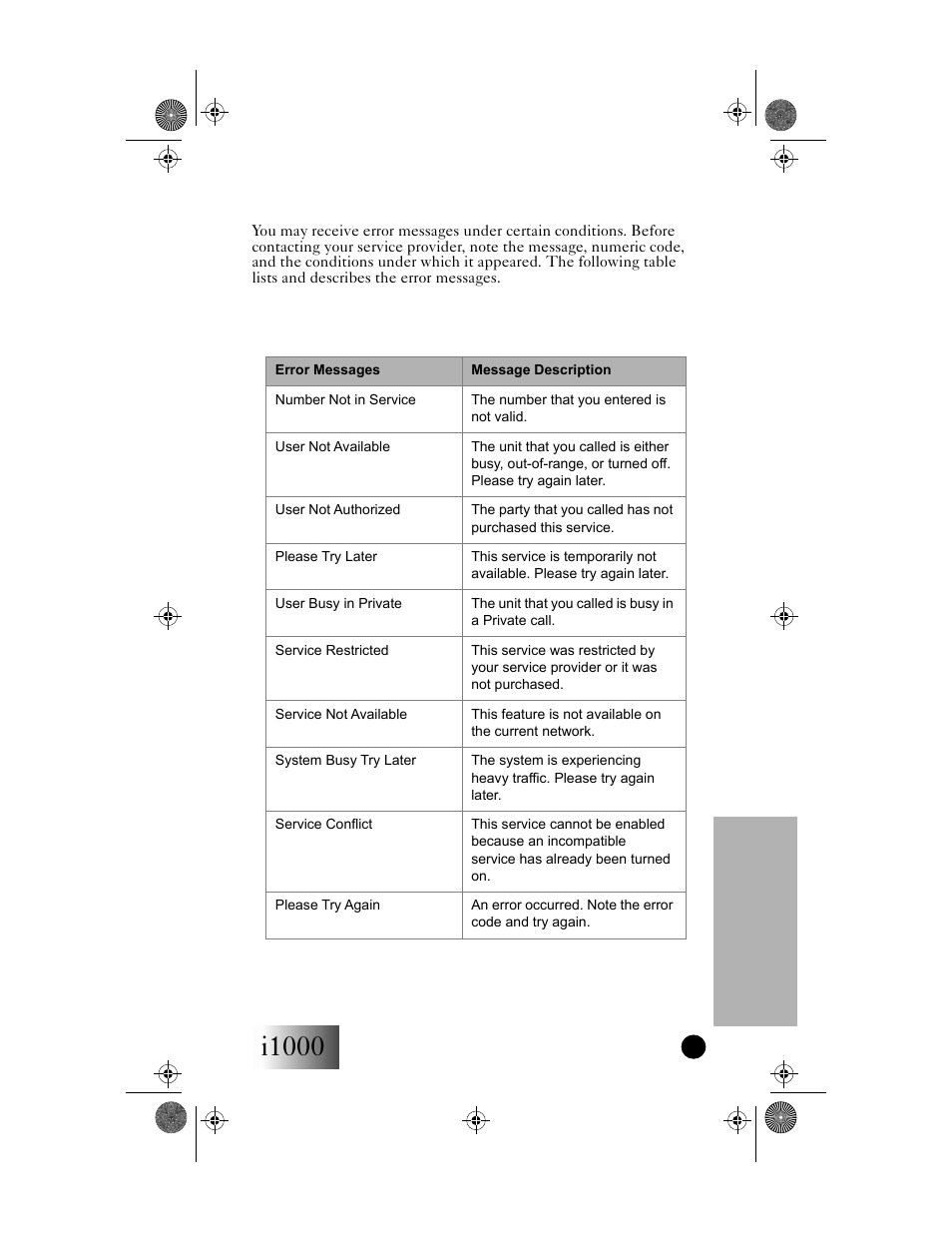 Error messages, Table 8: error messages, I1000 error messages | Motorola i1000 User Manual | Page 60 / 80