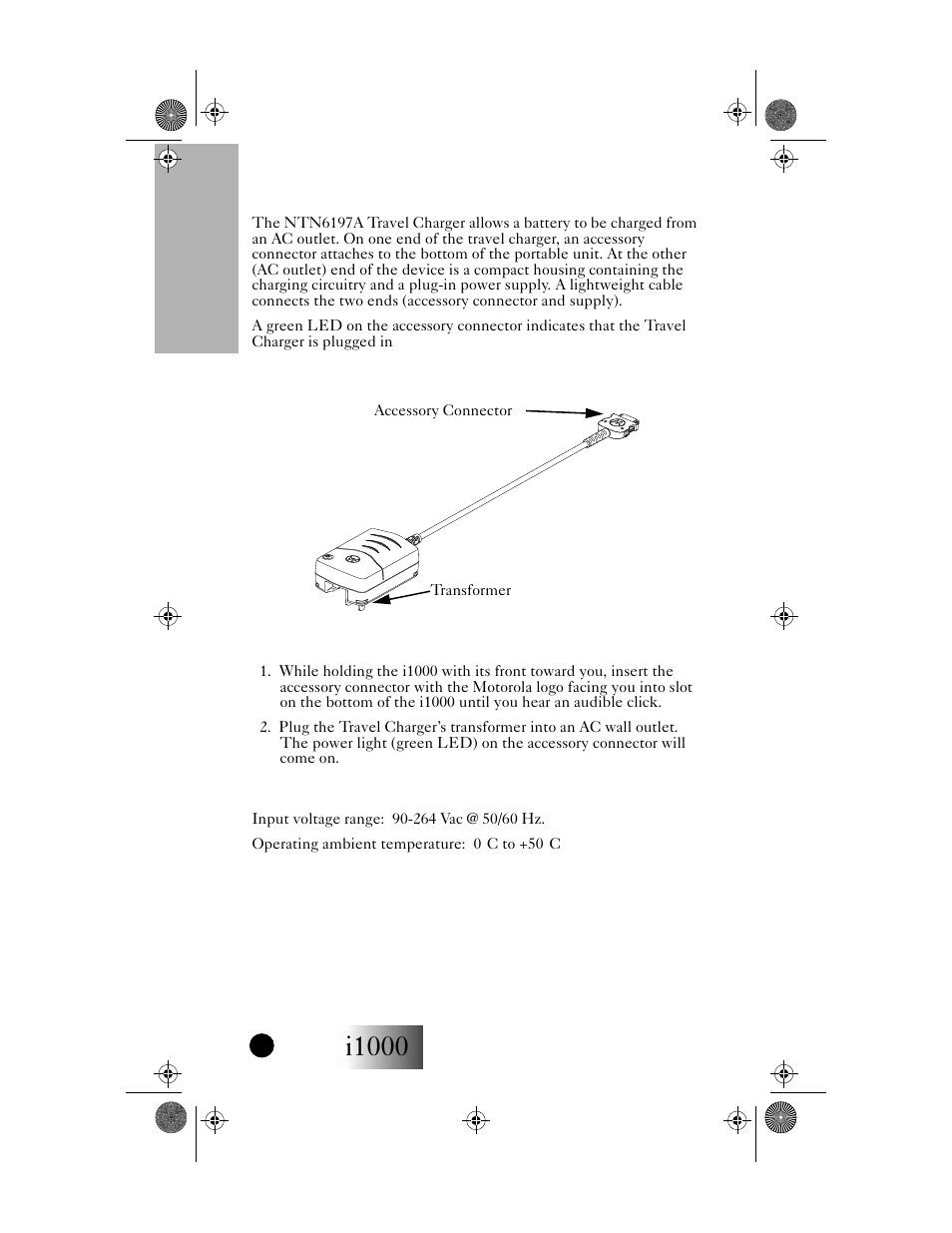 Installing the travel charger, Travel charger operating specifications, I1000 | Accessories | Motorola i1000 User Manual | Page 65 / 80