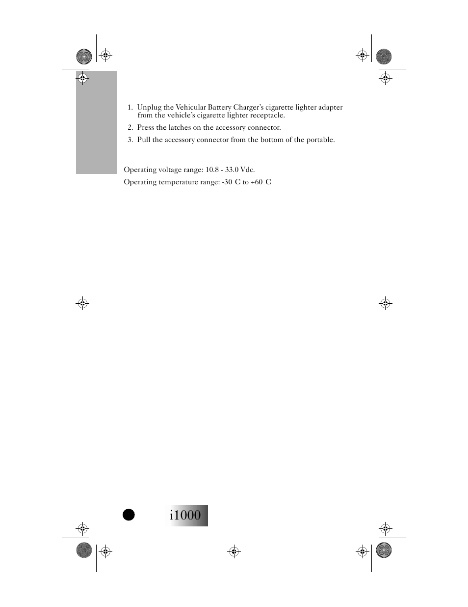 Removing the vehicular battery charger, Vehicular battery charger operating specifications, I1000 | Accessories | Motorola i1000 User Manual | Page 67 / 80