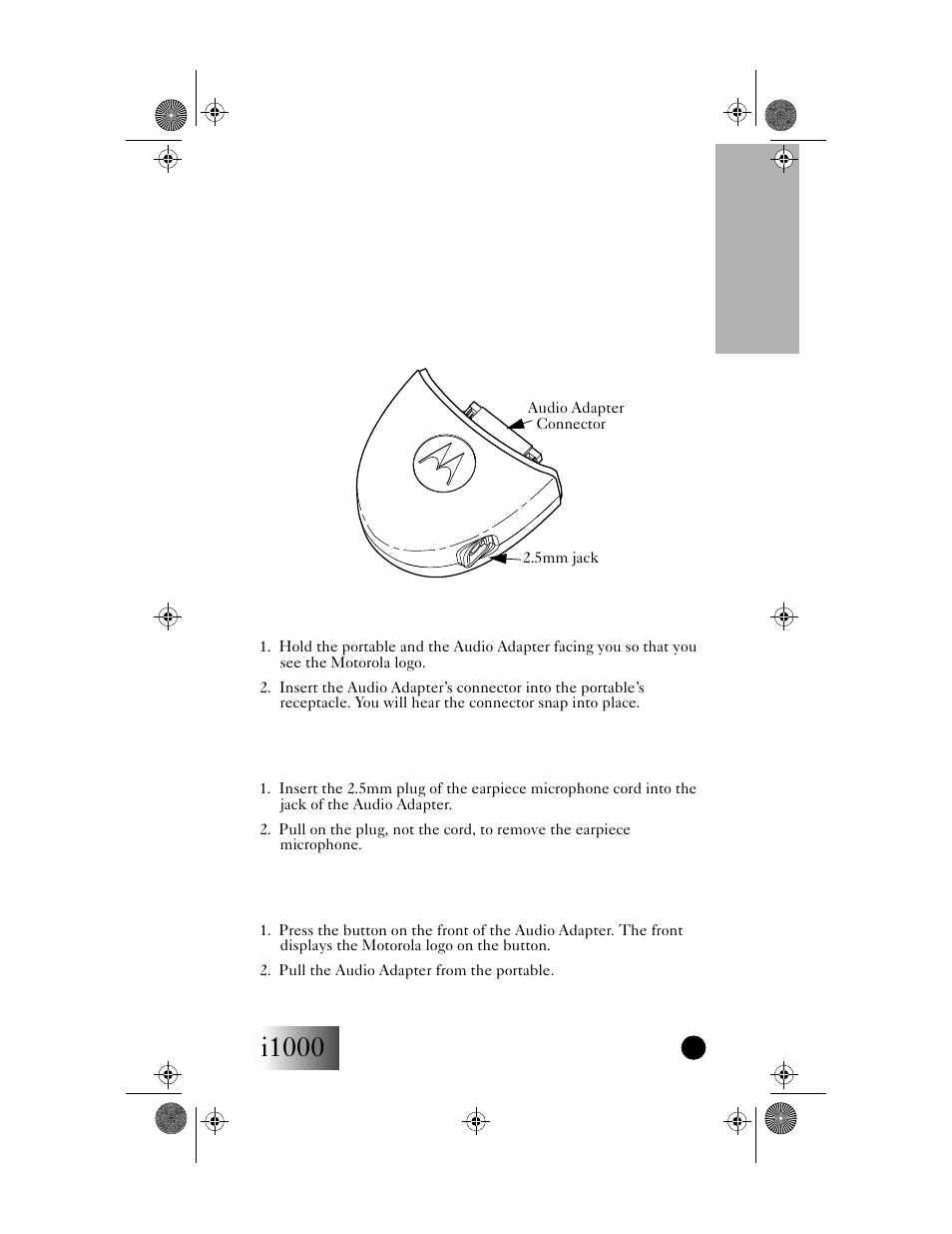 Installation instructions, Attaching/detaching the earpiece microphone, Removing the audio adapter | I1000, Accessories | Motorola i1000 User Manual | Page 70 / 80