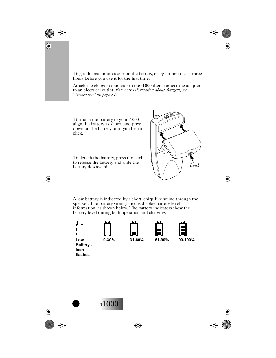 Charging the battery, Attaching the battery, Detaching the battery | Battery and charging status, I1000, Your i1000 portable | Motorola i1000 User Manual | Page 9 / 80