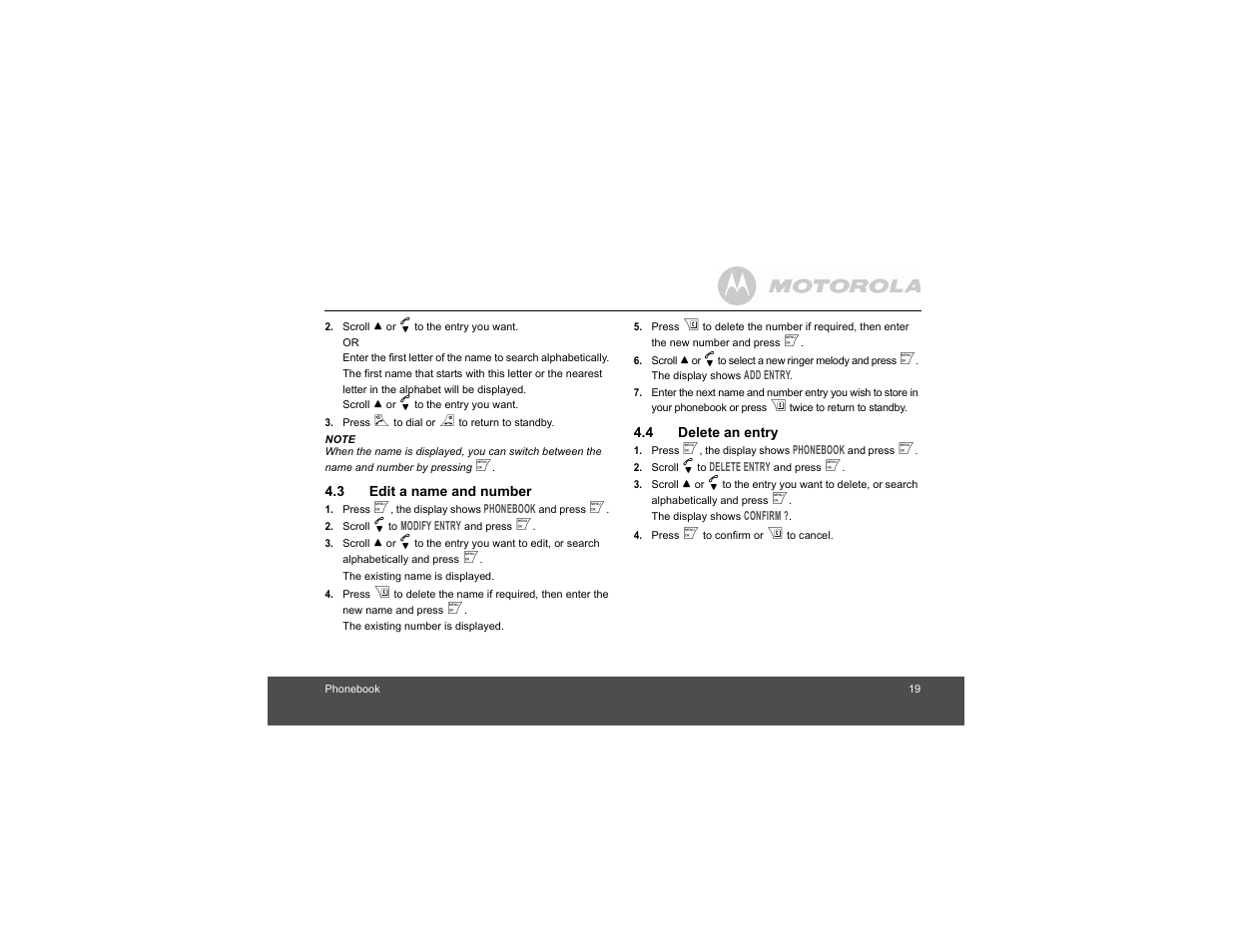 3 edit a name and number, 4 delete an entry, Edit a name and number | Delete an entry | Motorola S1201 User Manual | Page 19 / 39