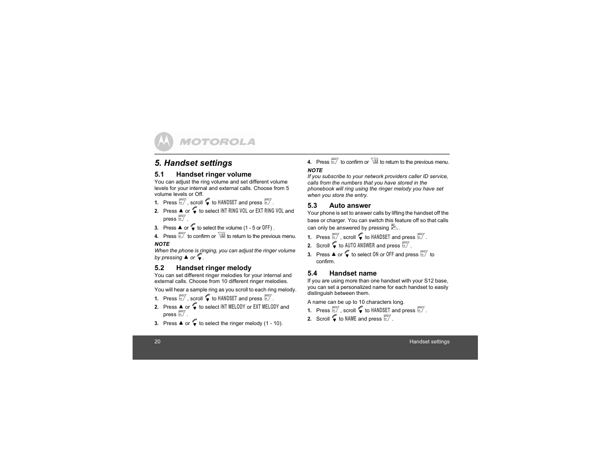 Handset settings, 1 handset ringer volume, 2 handset ringer melody | 3 auto answer, 4 handset name, Handset ringer volume, Handset ringer melody, Auto answer, Handset name | Motorola S1201 User Manual | Page 20 / 39