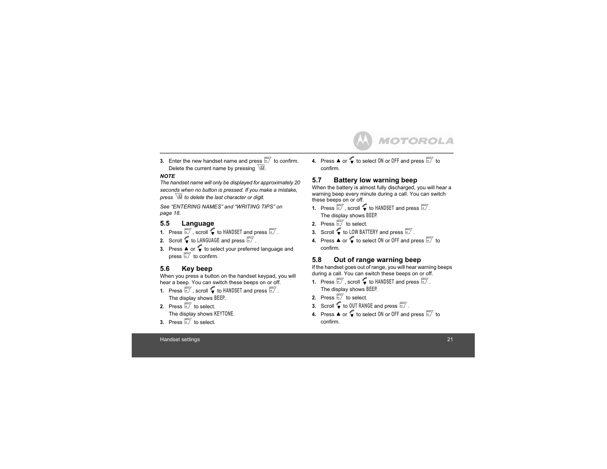 5 language, 6 key beep, 7 battery low warning beep | 8 out of range warning beep, Language, Key beep, Battery low warning beep, Out of range warning beep | Motorola S1201 User Manual | Page 21 / 39